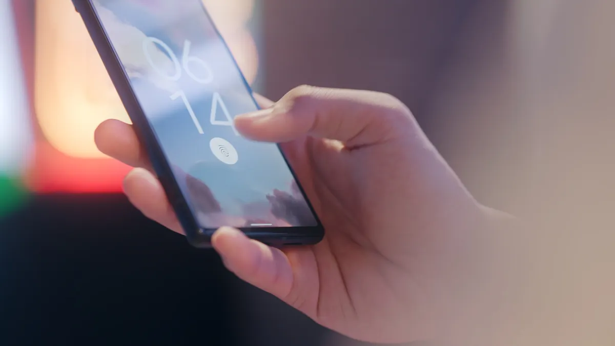 Pessoa segurando smartphone com recurso de segurança biométrica