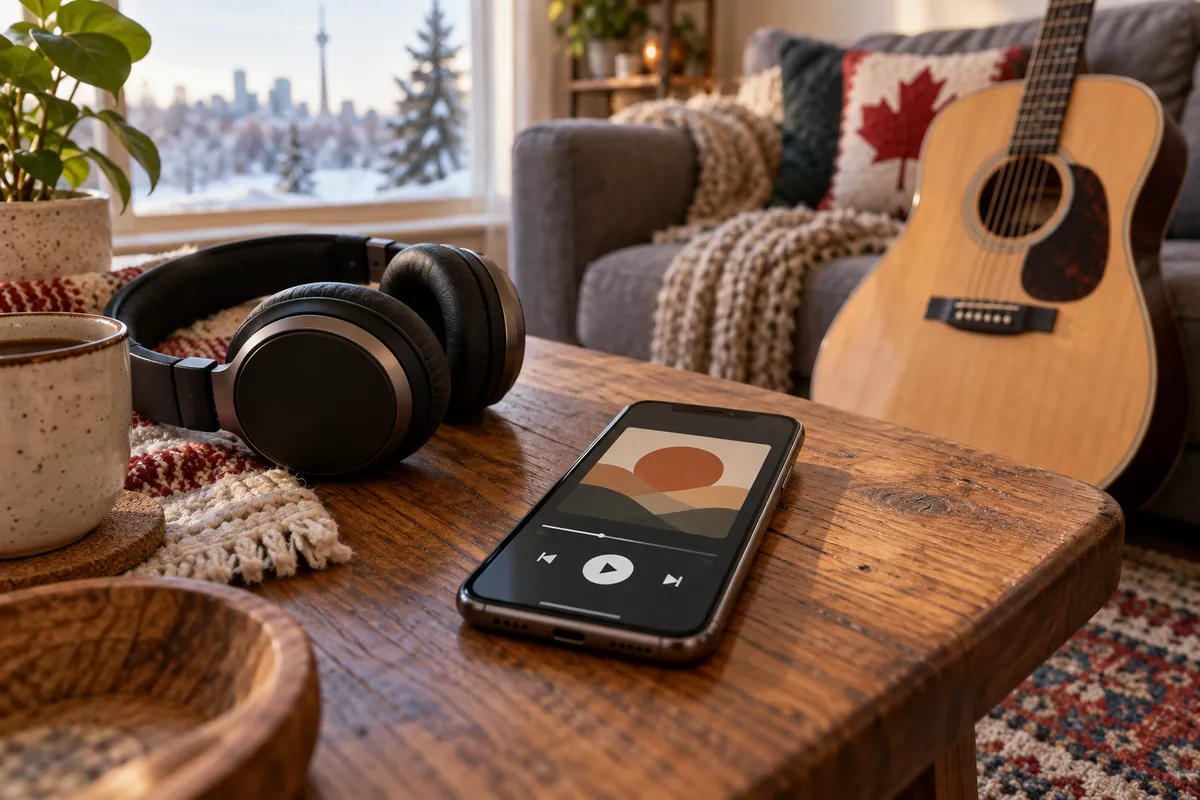 Phone and headphones on a wooden table beside an acoustic guitar