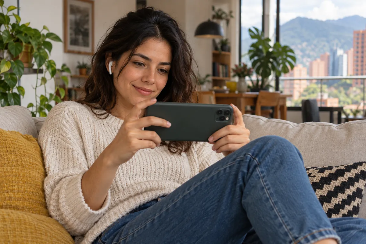 Mujer viendo una serie en su celular en casa