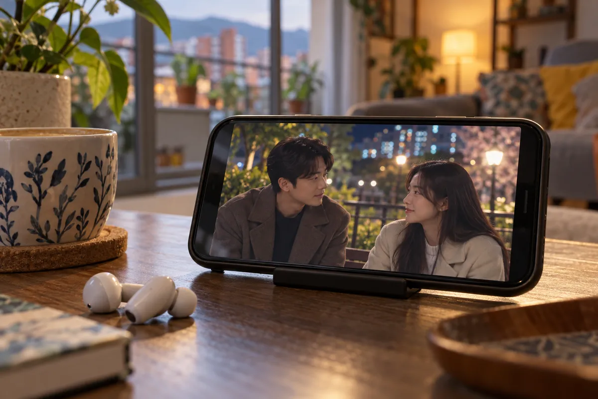 Celular con una escena romántica ilustrativa y audífonos sobre una mesa