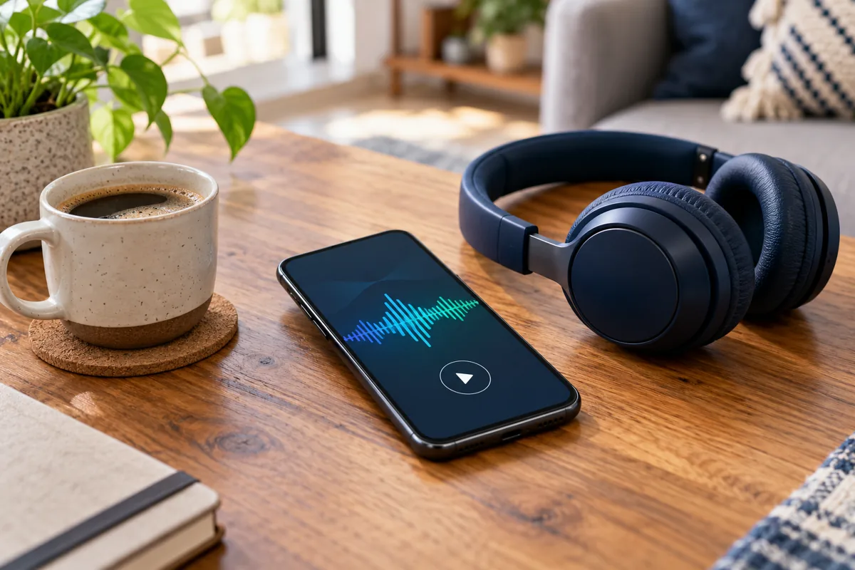 Celular con reproductor ilustrativo junto a unos audífonos y una taza de café