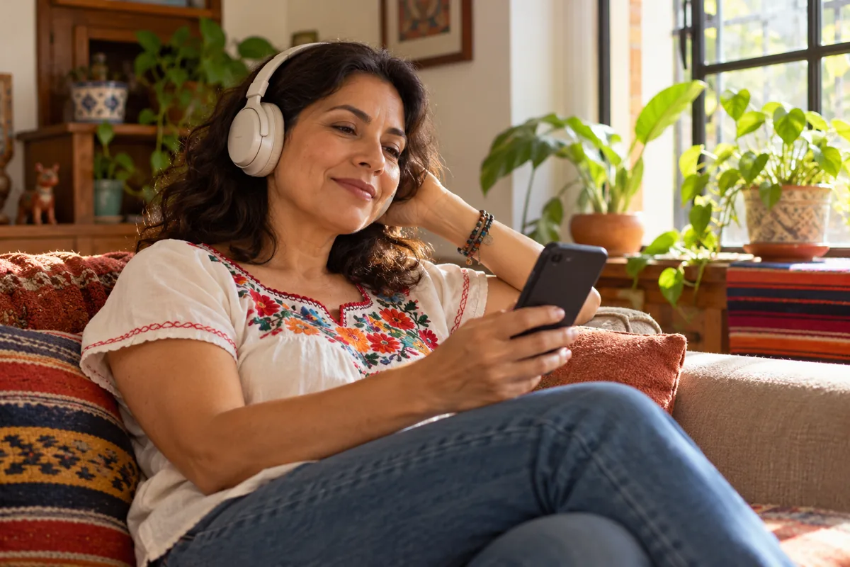 Mujer escuchando radio en su celular con audífonos en casa